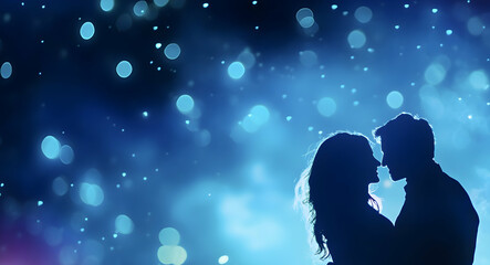 Two lovers share a moment, silhouetted against a dreamy backdrop of colorful lights