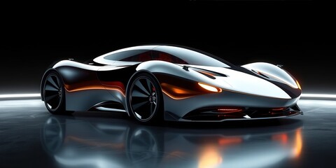 Obraz premium Sleek futuristic sports car in a high-tech showroom with dramatic lighting highlighting its stunning design and curves