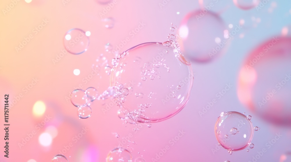 Poster Small and large transparent bubbles float and move on a colorful gradient background, creating a beautiful and abstract composition with a scientific and futuristic feel