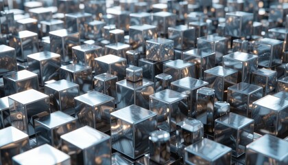 Obraz premium Reflective metallic cubes arranged in an abstract pattern create a captivating visual experience in a futuristic landscape
