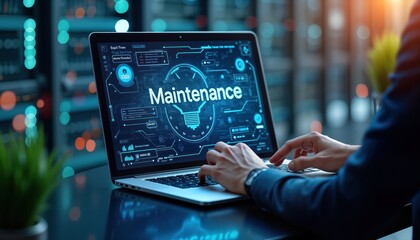 Corporate executive uses laptop for global maintenance. Futuristic tech concept shows proactive system support, digital repair services. Global maintenance concept with digital repair system