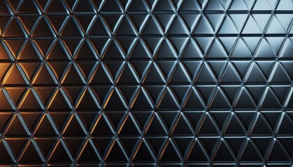 Shimmering geometric patterns create a captivating play of light and shadow on textured triangular surfaces in a dimly lit space