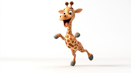 Happy cartoon giraffe jumping joyfully on white background. © SlashStd