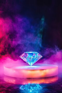 dramatic view of podium shaped like diamond surrounded by glowing mist and vibrant colored lighting