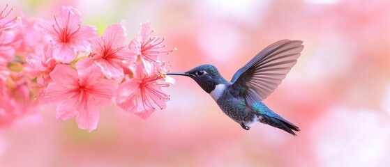 A glowing hummingbird feeding on radiant pink flowers in vibrant garden