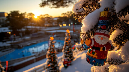 Snowy Christmas ornament on tree at sunset.