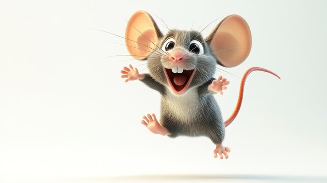 Happy cartoon mouse leaping joyfully.