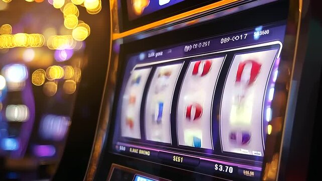 Modern Slot Machine with Jackpot Banners and Flashing Lights