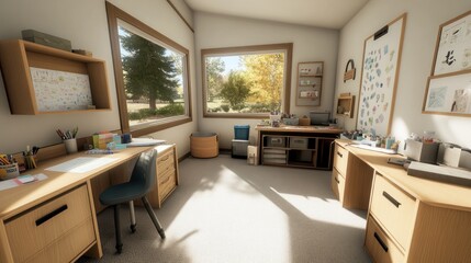 Bright and organized workspace with natural light and greenery.