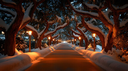 Obraz premium Snow-covered path with glowing lamps under arching trees at night.