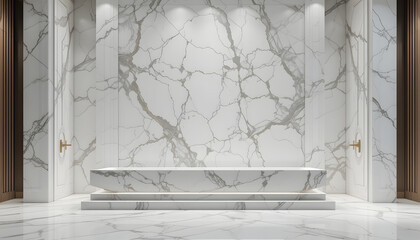 Obraz premium Luxury white marble bathroom interior with freestanding bathtub and wall panels
