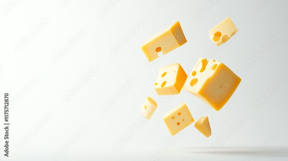 Poster Several pieces of delicious swiss cheese of various sizes are levitating against a clean white background, creating a visually appealing and appetizing scene
