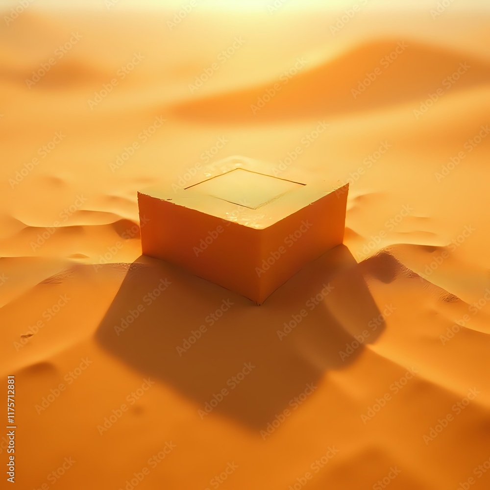 Poster the image depicts a square, golden object casting a shadow on a sandy desert landscape, with a soft 