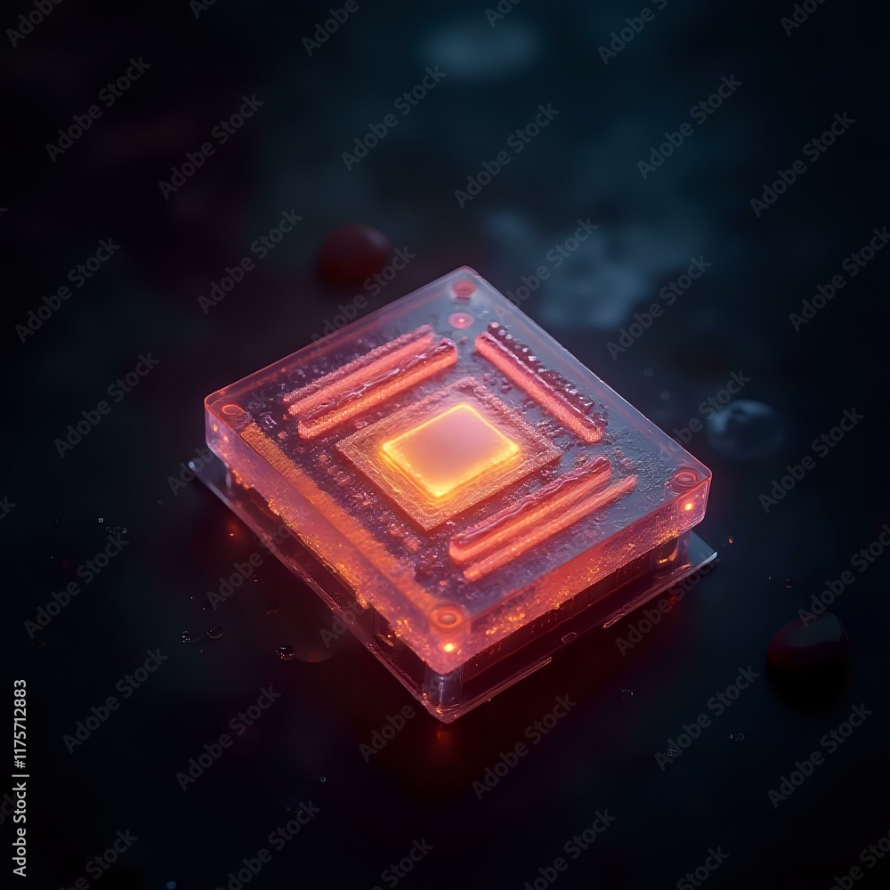 Poster the image depicts a 3d rendering of a square-shaped, translucent object, possibly a component, with 