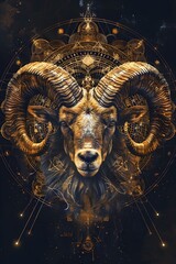 Powerful Aries Zodiac Fierce Golden Ram Amidst Cosmic Mandalas and Arcane Symbols