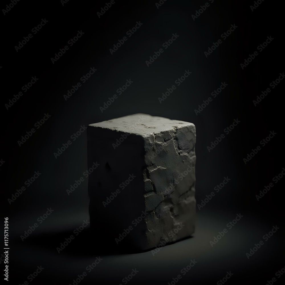 Poster the image features a dark, square-shaped object with a textured surface, casting a shadow on a dark 