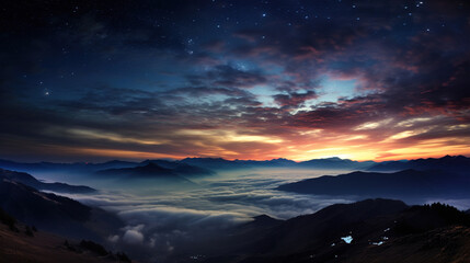 Fototapeta premium Sunrise over Misty Mountains and Clouds