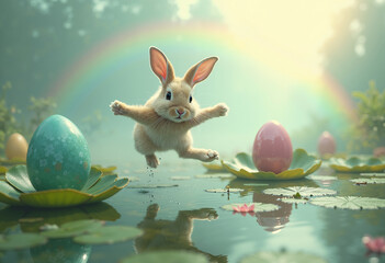Easter-themed photograph with a cartoon bunny running through water lilies to rainbow-colored eggs