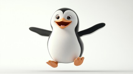 Fototapeta premium Happy jumping cartoon penguin on white background.