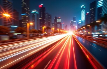 Obraz premium Fast moving vehicles leave streaks of light on city highway at night. Modern urban scene with high-rise buildings create dynamic atmosphere. Motion blur effect speed, energy. City lights illuminate