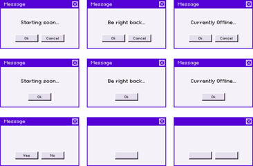 Purple retro computer dialog box with streaming message overlay for streamers
