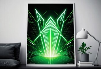 Bright green neon geometric art radiates energy in a modern living space, emphasizing technology and creativity in an artistic display