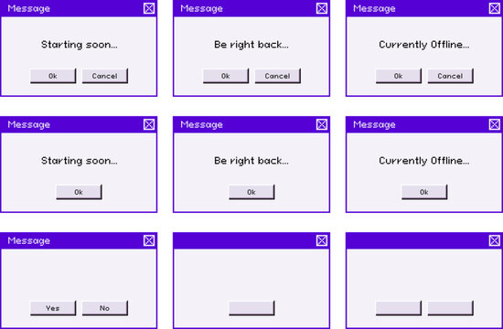 Purple retro computer dialog box with streaming message overlay for streamers
