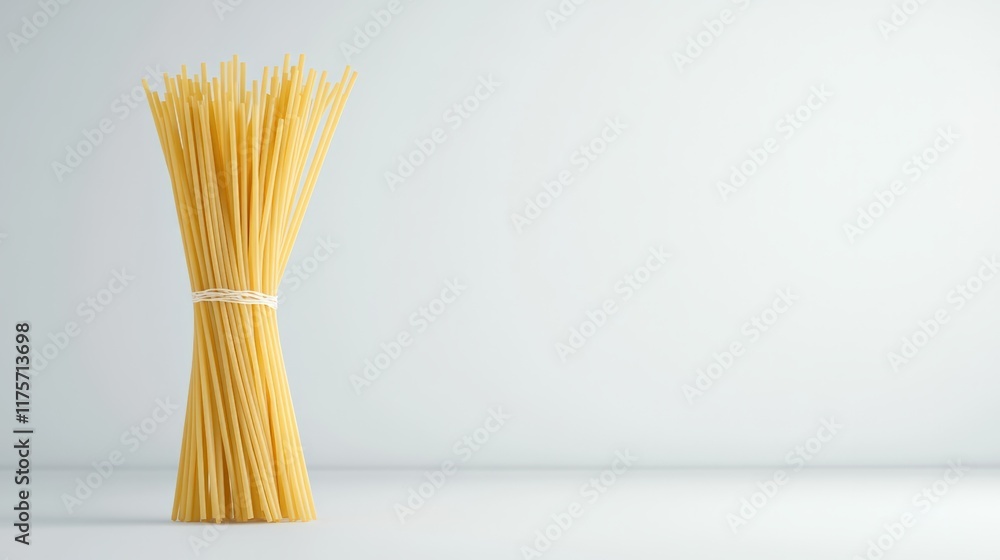 Aufkleber Bucatini pasta, tied with a string, levitates slightly above a white surface against a matching backdrop, creating a minimalist composition with ample copy space