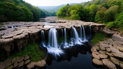 Obraz premium Serene waterfall cascading over rocky terrain in a lush green landscape.