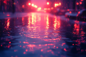 City Lights Reflecting In Rainy Puddle Water