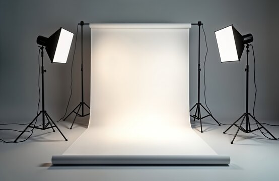 Pro studio setup with seamless white backdrop, professional lighting equipment for photo shoots. Clean, uncluttered composition. Soft shadows. Ideal for fashion product photography. Commercial style.