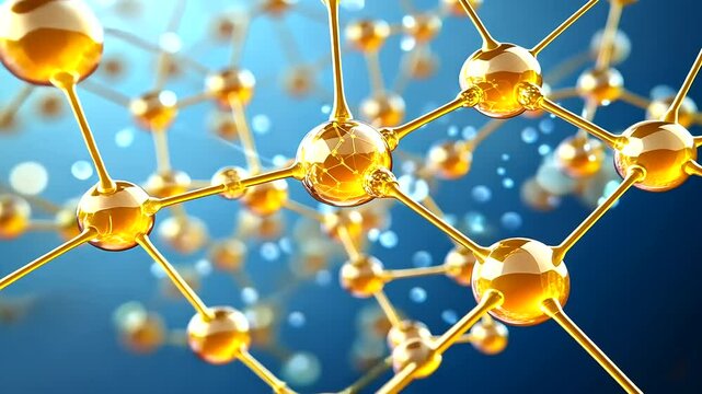A vibrant visualization of golden molecules swirling and merging into intricate lattices, symbolizing molecular chemistry and advanced science.