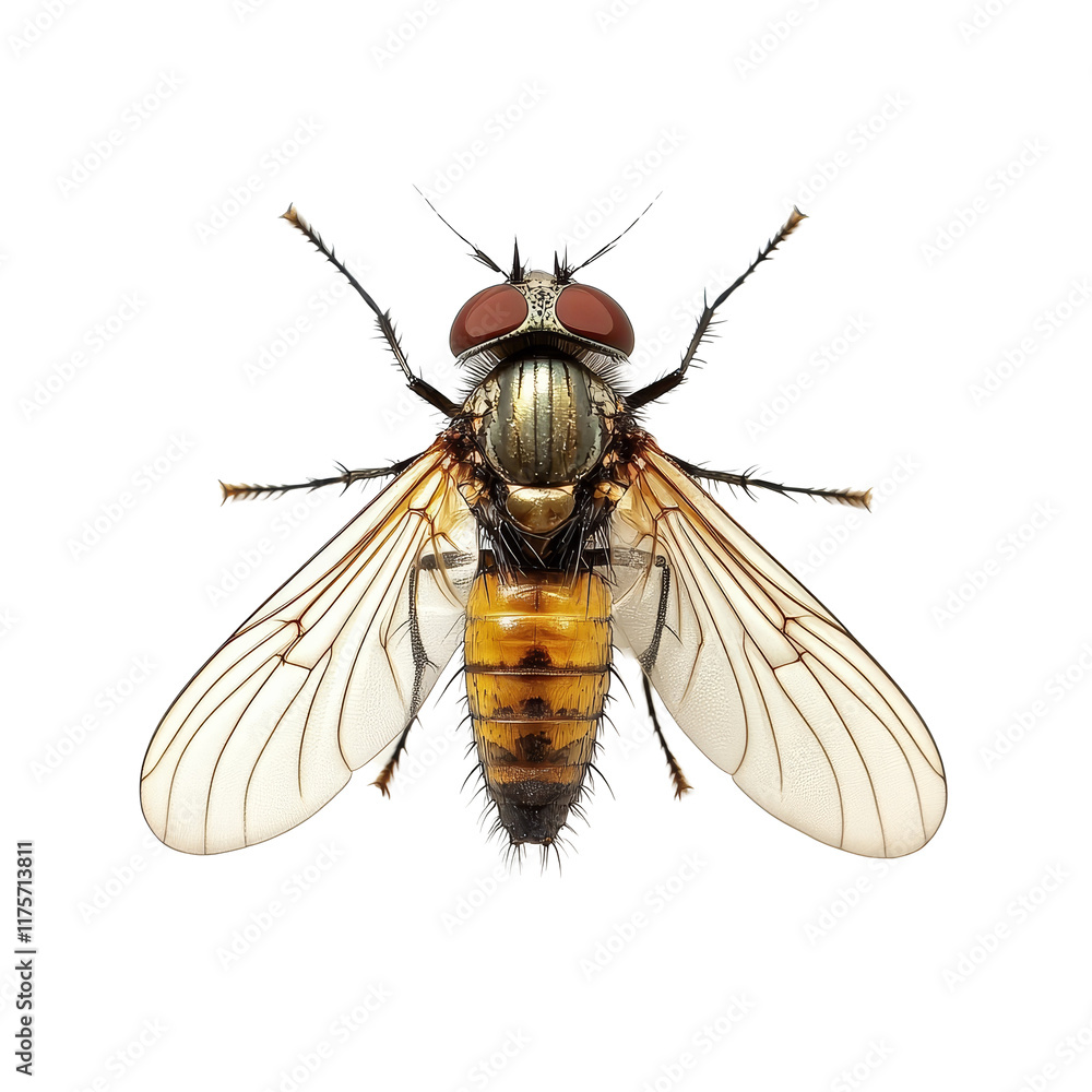 Poster a detailed view of a fly resting on a transparent background highlighting its intricate features and