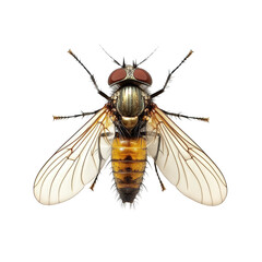 A detailed view of a fly resting on a transparent background highlighting its intricate features and wing structure, Fly on transparent background