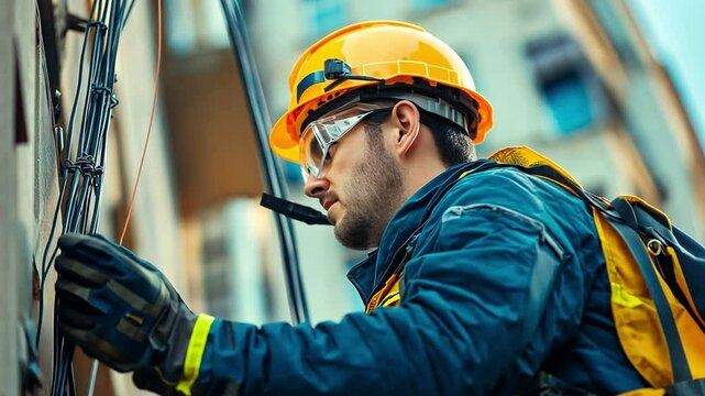 An urban worker wearing protective gear is industrious and focused while working on electrical cables.