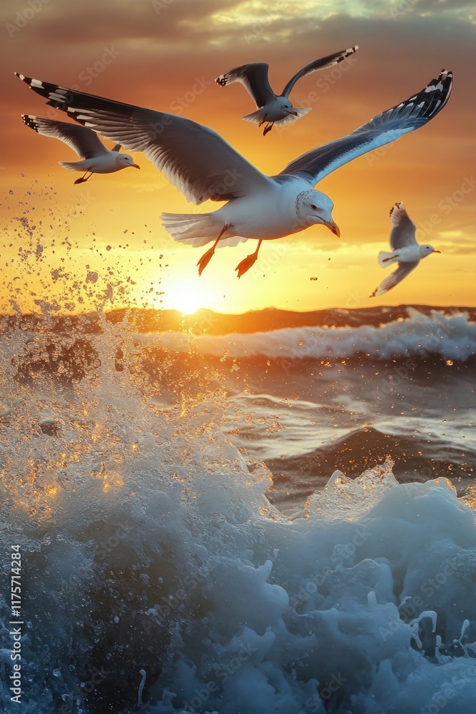 Poster dynamic shot of seagulls soaring over crashing waves with golden sunset creating dramatic backdrop
