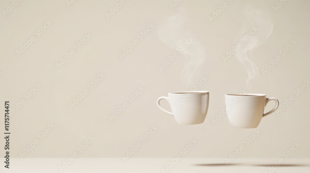 Poster two steaming white coffee cups are levitating on a beige background, creating a surreal and inviting