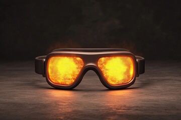 A pair of goggles with glowing orange lenses set against a dark background, suggesting a futuristic or protective design.