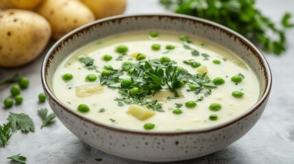 A bowl of creamy peas and potatoes garnished with fresh parsley, isolated on a grey marble background