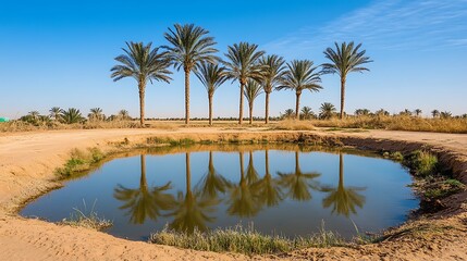 Obraz premium A tranquil desert oasis with palm trees, a small pond, and a clear blue sky 