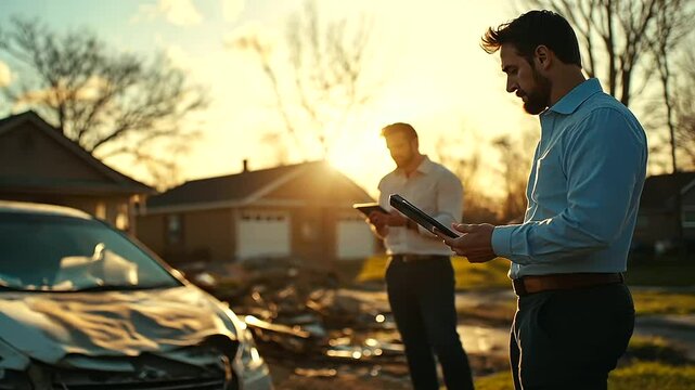 Amidst the remains of a storm-hit home, an insurance agent shows a detailed claim process on a tablet to a worried homeowner, with bright sunlight adding hope to the scene.
