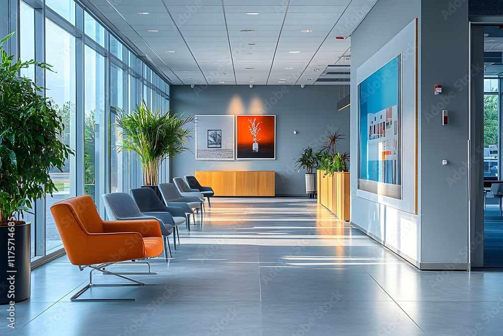 Poster stock photo features a modern open space office with a color scheme of gray and blue, adorned with a