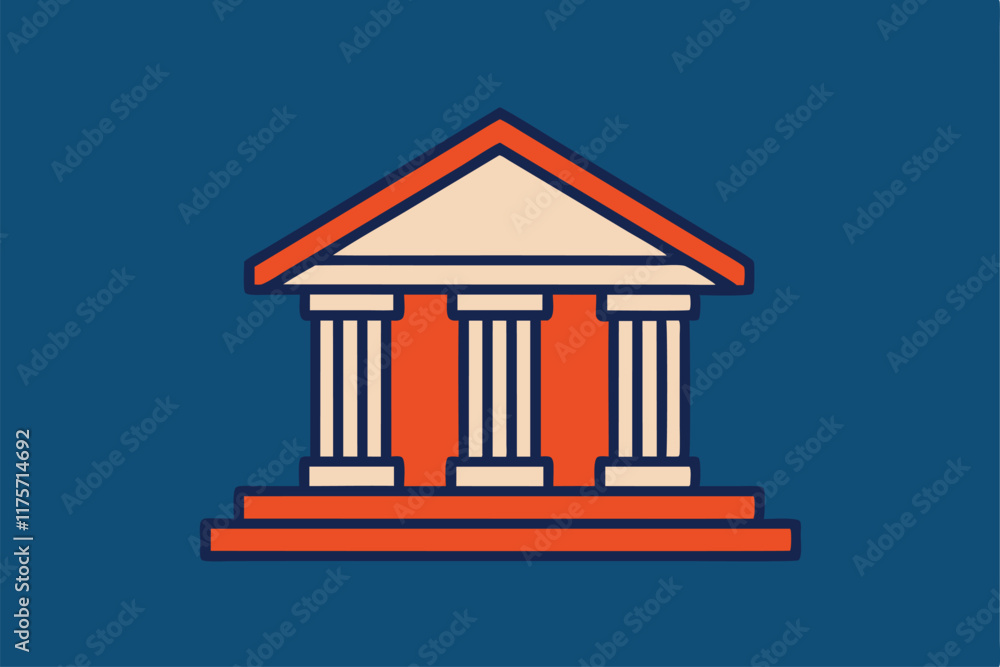 Poster features a minimalist building design with classic columns and a triangular roof against a bold back