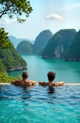 Couple relaxing in luxury pool overlooking Phang Nga Bay. Stunning view of mountains, turquoise water. Tranquil tropical scene. Ideal for vacation travel. Couple enjoying vacation in beautiful hotel.