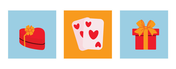 Valentines Day set with a heart-shaped gift box, playing cards with hearts, and a red gift box