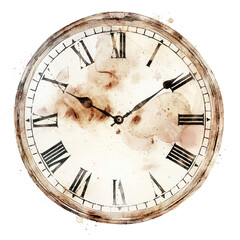 vintage-style clock with roman numerals, in soft watercolor isolated on transparent background