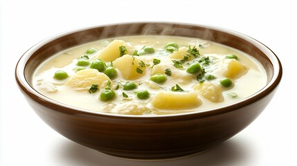 A creamy bowl of garden potatoes and peas, isolated on a pristine white background with a hint of steam rising