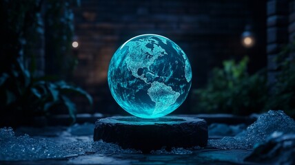 Naklejka premium A glowing interactive globe showcasing dynamic world features in serene setting