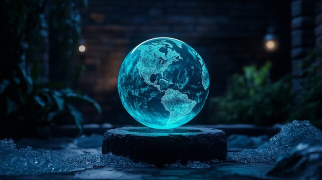 A glowing interactive globe showcasing dynamic world features in serene setting