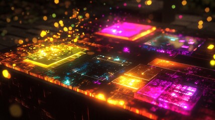 Fototapeta premium A glowing interactive workspace with radiant colors and vibrant lights, showcasing intricate patterns and textures